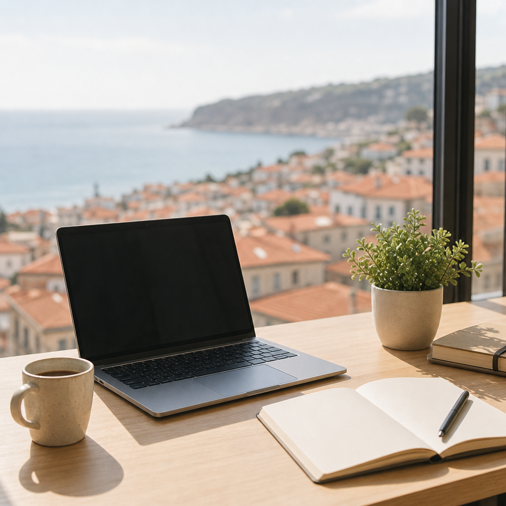 A bright, organized remote work desk by a window overlooking a calm coastal town